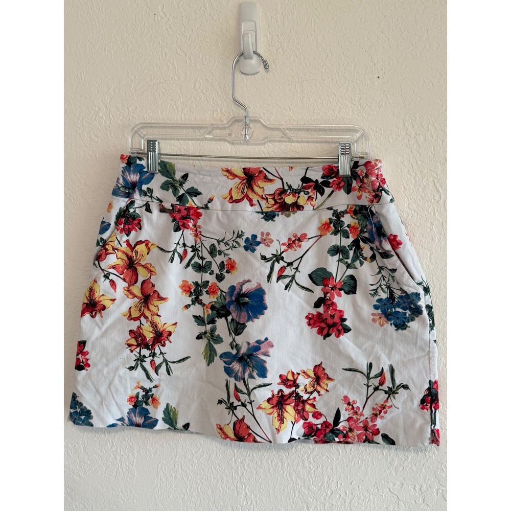 Peck & Peck Floral Mini Skirt White Red Blue Yellow Botanical Print Pockets